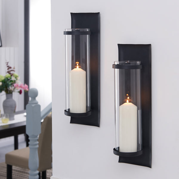 danya b Metal Pillar Candle Sconces with Glass Inserts A Wrought Iron Rectangle Wall Accent (Set of 2) danya b Metal Pillar Candle Sconces with Glass Inserts A Wrought Iron Rectangle Wall Accent (Set of 2)