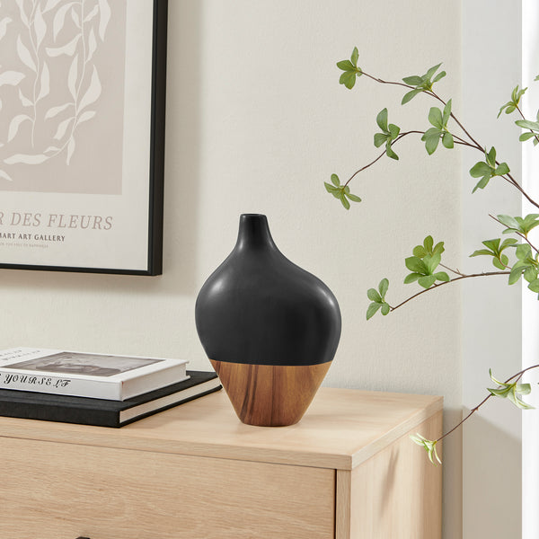 Danya B Milo Canteen Asymmetrical Modern Two Tone Tabletop Vase - Black And Walnut