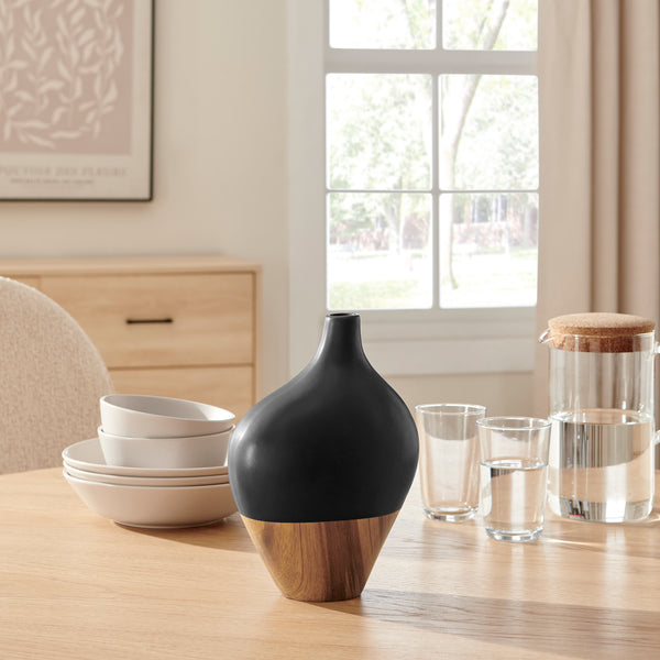 Danya B Milo Canteen Asymmetrical Modern Two Tone Tabletop Vase - Black And Walnut
