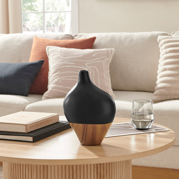 danya b Milo Canteen Asymmetrical Modern Two Tone Tabletop Vase - Black and Walnut