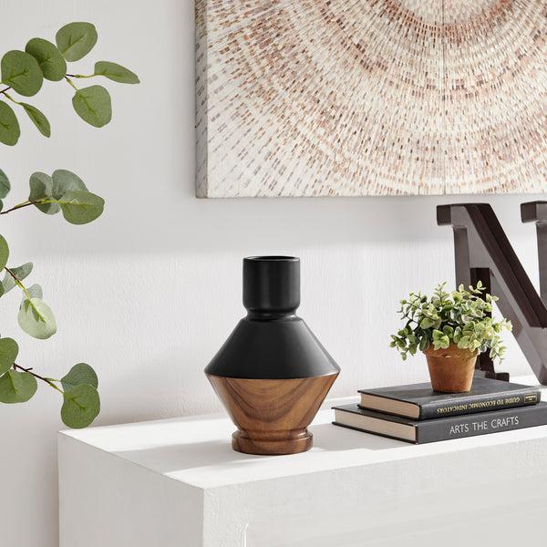 Danya B Milo Diamant Revese Hourglass Modern Two Tone Tabletop Vase - Black And Walnut