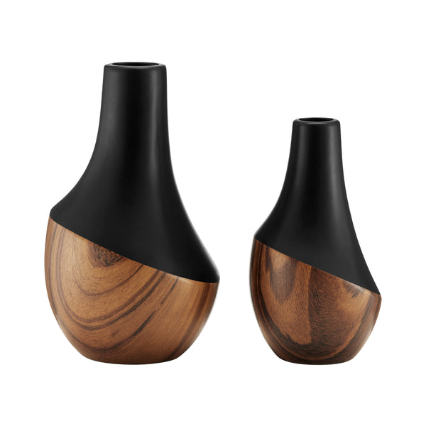 Danya B Milo Kalbas 2 Piece Gourd Modern Two Tone Tabletop Vase Set - Black And Walnut