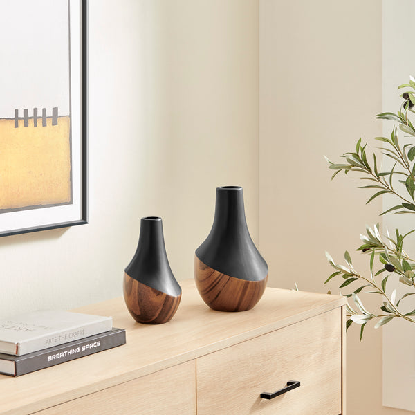 Danya B Milo Kalbas 2 Piece Gourd Modern Two Tone Tabletop Vase Set - Black And Walnut