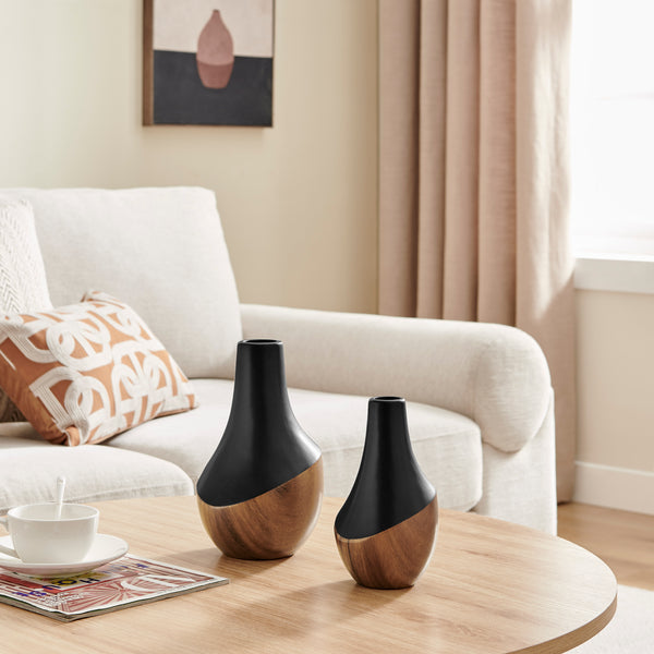danya b Milo Kalbas 2 Piece Gourd Modern Two Tone Tabletop Vase Set - Black and Walnut