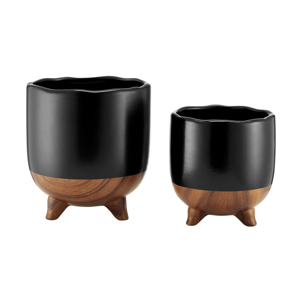 Danya B Milo Modern Mortar Two Tone Flower Pot Planter Cachepot Set Of 2 Sizes - Black And Walnut