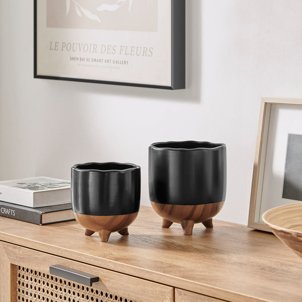 Danya B Milo Modern Mortar Two Tone Flower Pot Planter Cachepot Set Of 2 Sizes - Black And Walnut