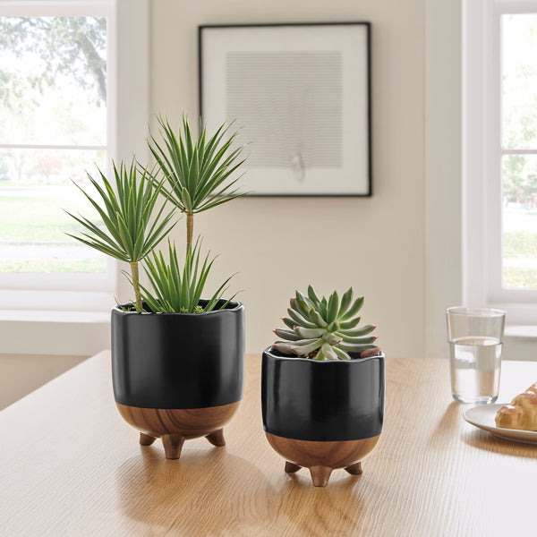 Danya B Milo Modern Mortar Two Tone Flower Pot Planter Cachepot Set Of 2 Sizes - Black And Walnut
