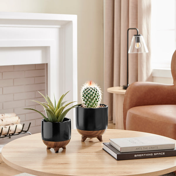 danya b Milo Modern Mortar Two Tone Flower Pot Planter Cachepot Set of 2 Sizes - Black and Walnut