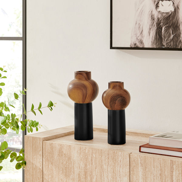 Danya B Milo Slickpin 2 Piece Modern Two Tone Tabletop Vase Set - Black And Walnut