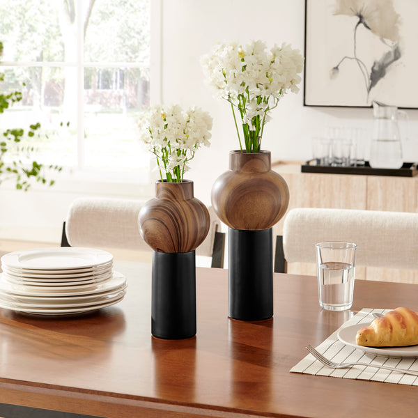 Danya B Milo Slickpin 2 Piece Modern Two Tone Tabletop Vase Set - Black And Walnut