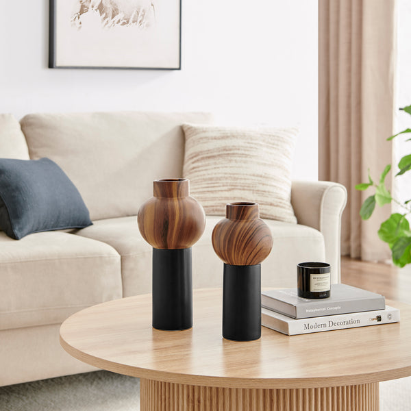 danya b Milo Slickpin 2 Piece Modern Two Tone Tabletop Vase Set - Black and Walnut