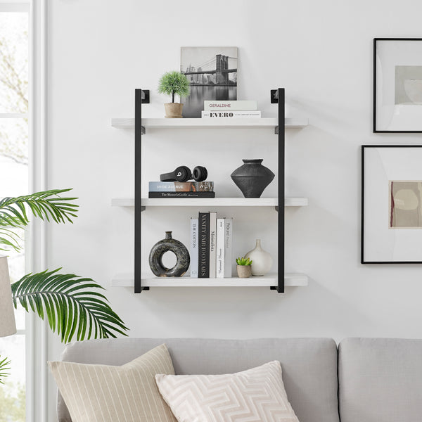 Danya B Modern 3-Tier Hanging Bracket Wall Shelves In Black Metal And White Birch Finish