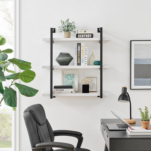 Danya B Modern 3-Tier Hanging Bracket Wall Shelves In Black Metal And White Birch Finish