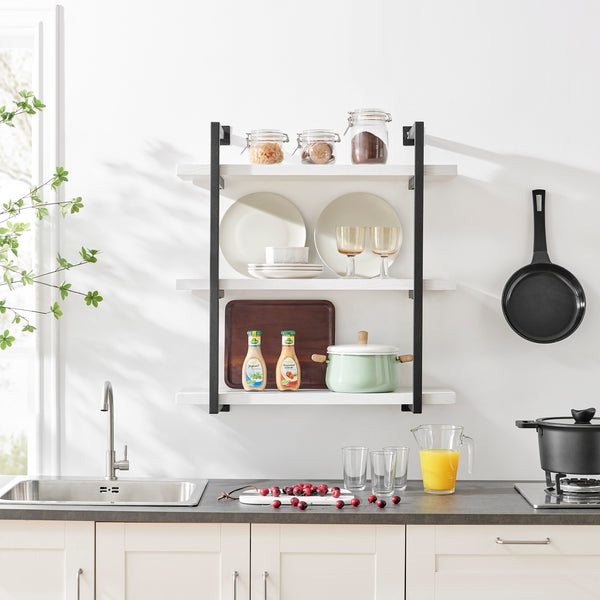 danya b Modern 3-Tier Hanging Bracket Wall Shelves in Black Metal and White Birch Finish