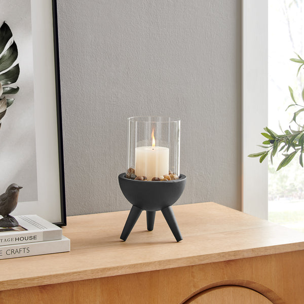 Danya B Molta Modern Black Metal Bold Pedestal And Glass Pillar Votive Candle Holder