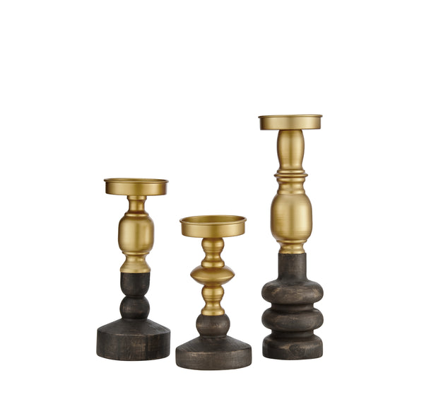 Danya B Nara Antique Brass And Vintage Wood Taper Candlestick And Pillar Candle Holders - Set Of 3
