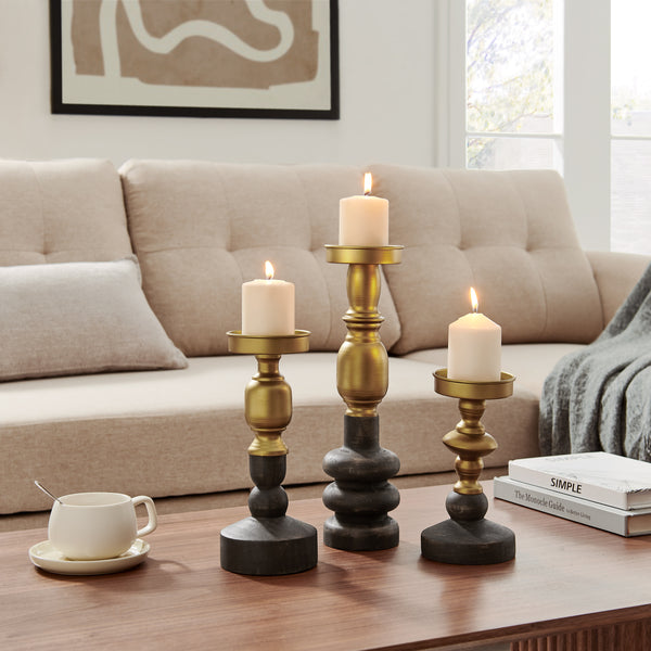 Danya B Nara Antique Brass And Vintage Wood Taper Candlestick And Pillar Candle Holders - Set Of 3