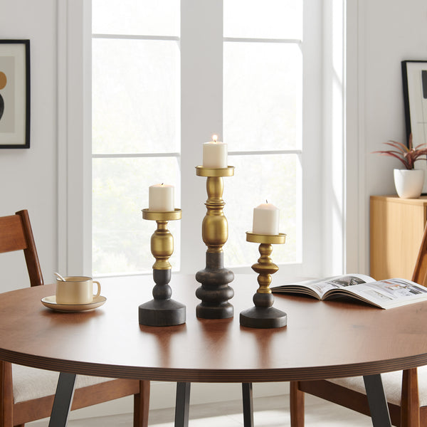 Danya B Nara Antique Brass And Vintage Wood Taper Candlestick And Pillar Candle Holders - Set Of 3