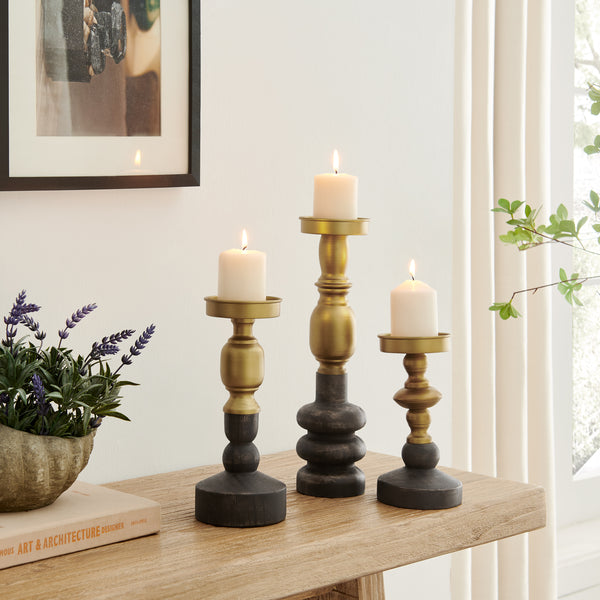 danya b Nara Antique Brass and Vintage Wood Taper Candlestick and Pillar Candle Holders - Set of 3