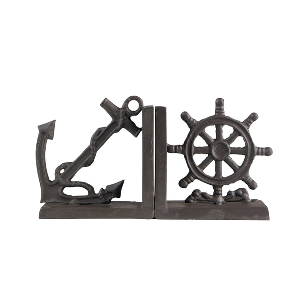 Danya B Nautical Anchor And Ship's Wheel Iron Bookend Set