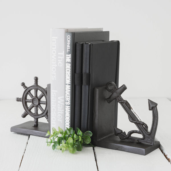 danya b Nautical Anchor and Ship's Wheel Iron Bookend Set