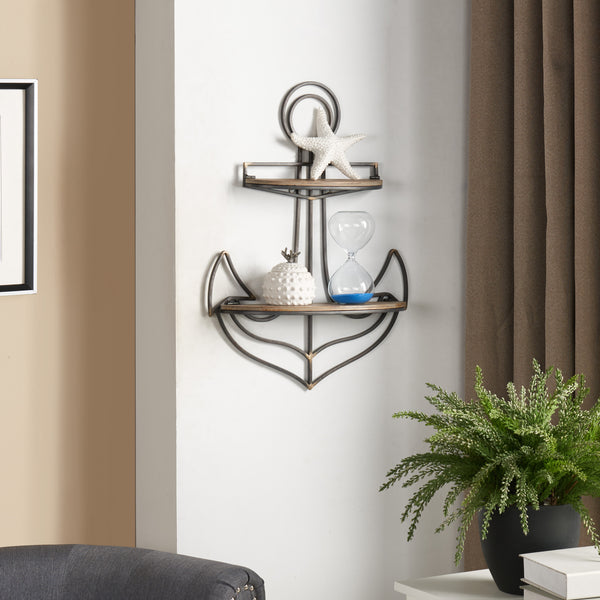 Danya B Nautical Themed Anchor Shaped 2-Tier Metal And Wood Wall Shelf