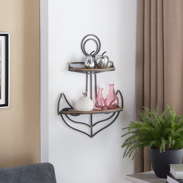 danya b Nautical Themed Anchor Shaped 2-Tier Metal and Wood Wall Shelf
