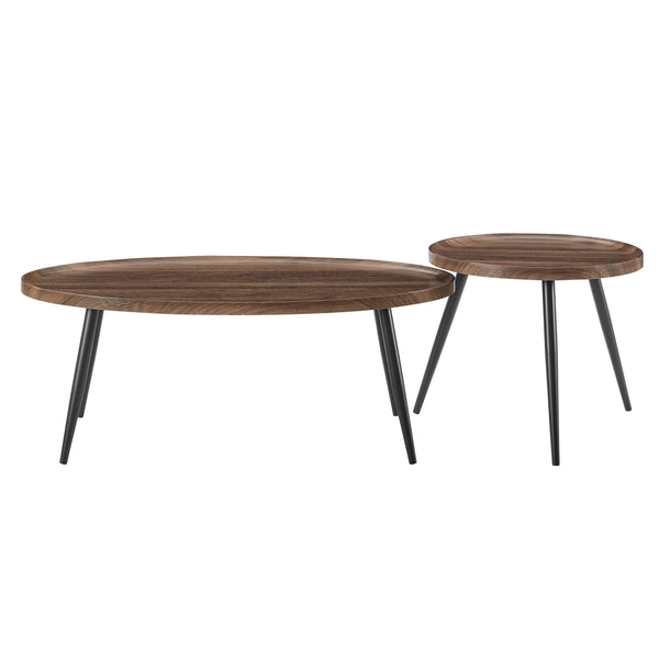 Danya B Paxton Nesting Raised Lip Edge 2 Piece Coffee Table Set With Modern Black Metal Taper Legs - Round And Oval