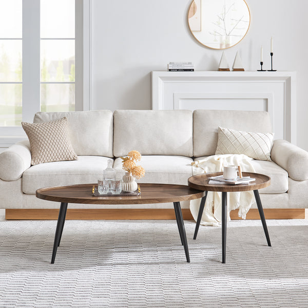 danya b Paxton Nesting Raised Lip Edge 2 Piece Coffee Table Set with Modern Black Metal Taper Legs - Round and Oval