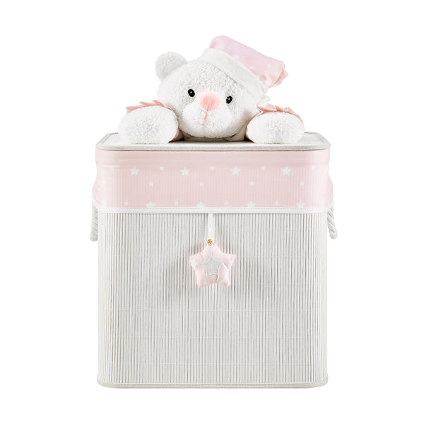 Danya B Pink/Cream Collapsible Folding Bamboo Kids Plush Laundry Hamper Toy Storage With Liner And Handles - Sleepy Teddy Bear