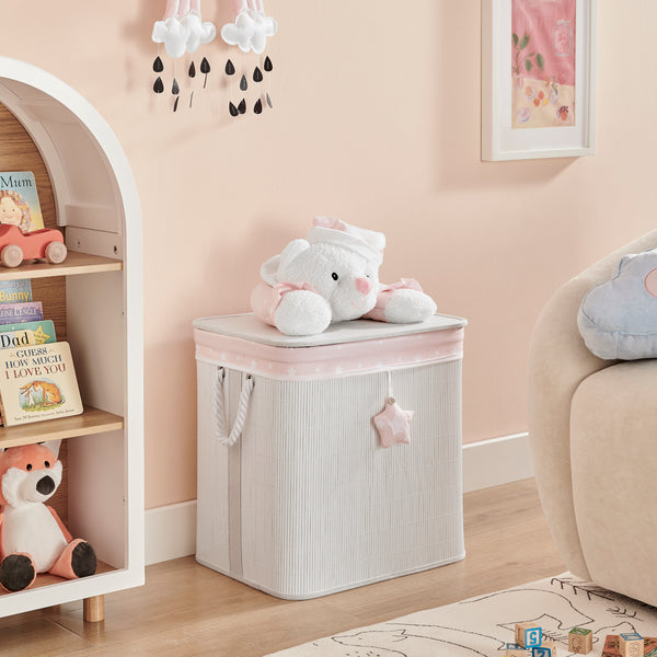 Danya B Pink/Cream Collapsible Folding Bamboo Kids Plush Laundry Hamper Toy Storage With Liner And Handles - Sleepy Teddy Bear
