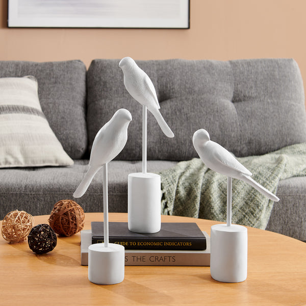 danya b Ren Bird Perched White Ornament Decorative Accent Sculpture Figurines - Set of 3