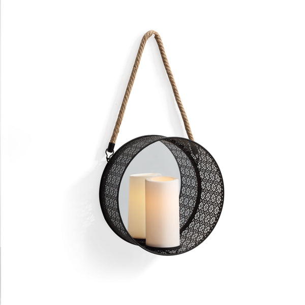 Danya B Round Mirror Pillar Candle Sconce With Filigree Metal Frame And Hanging Rope