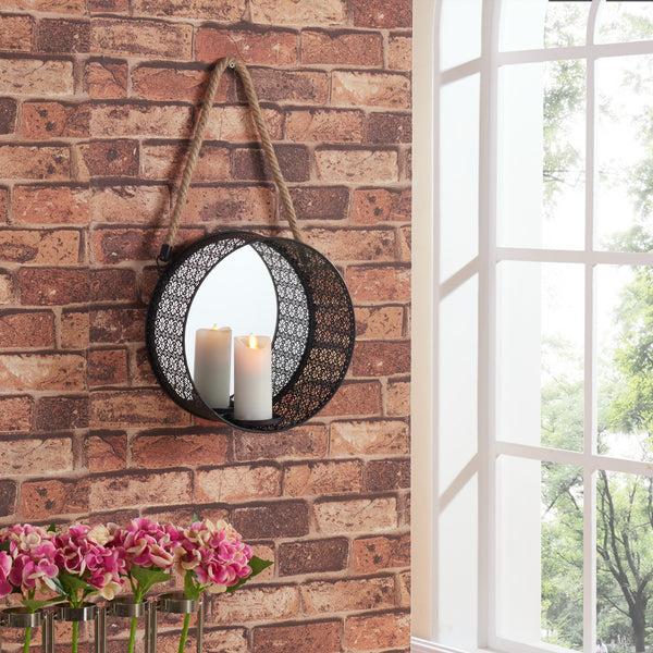 danya b Round Mirror Pillar Candle Sconce with Filigree Metal Frame and Hanging Rope