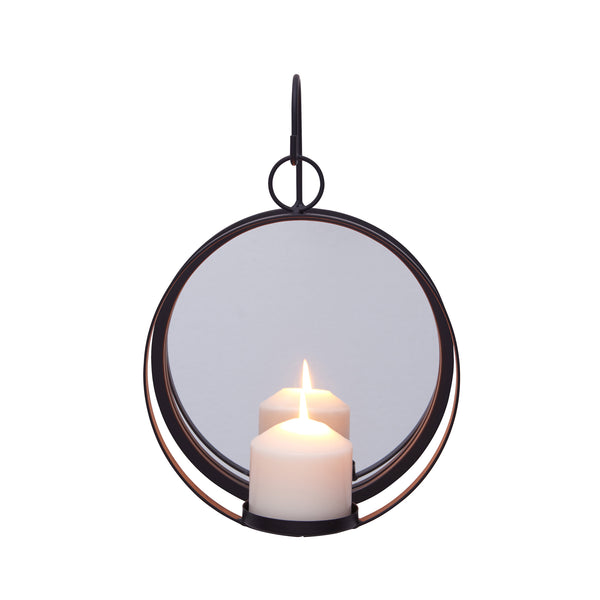 Danya B Round Wrought Iron Pillar Candle Sconce With Mirror – Rustic Metal Hanging Wall Candleholder