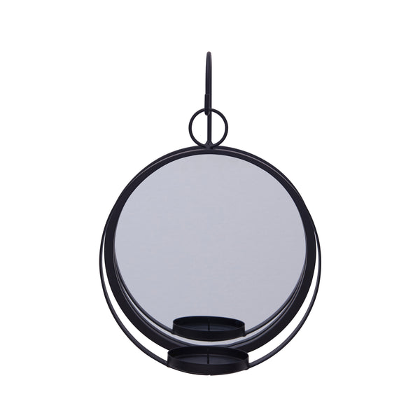 Danya B Round Wrought Iron Pillar Candle Sconce With Mirror – Rustic Metal Hanging Wall Candleholder