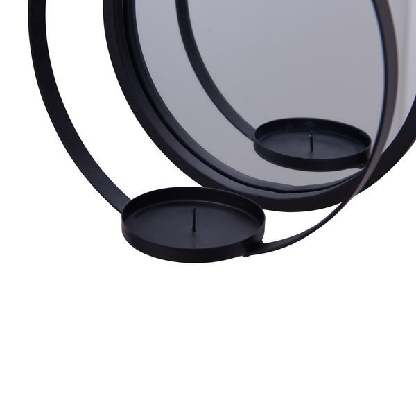 Danya B Round Wrought Iron Pillar Candle Sconce With Mirror – Rustic Metal Hanging Wall Candleholder