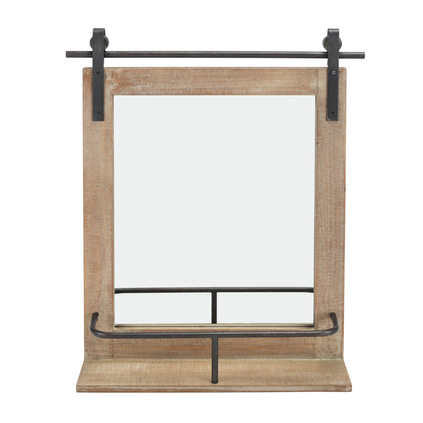 Danya B Rustic Industrial Wood-Framed Wall Mount Barn Door Vanity Mirror With Shelf And Iron Hardware