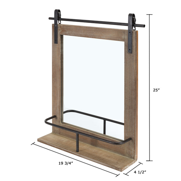 Danya B Rustic Industrial Wood-Framed Wall Mount Barn Door Vanity Mirror With Shelf And Iron Hardware