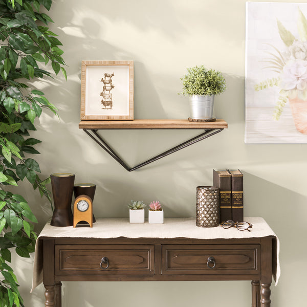 danya b Rustic Wall Mount Pine Wood Floating Display Shelf with Diamond-Shaped Asymmetrical Iron Bracket