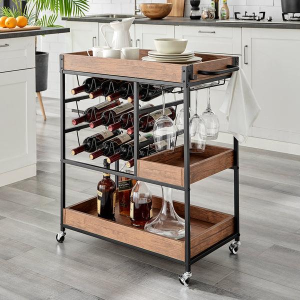 Danya B Rustic Walnut Veneer And Metal Rolling Farmhouse Wine Bar Cart With Wine Bottle And Glass Rack