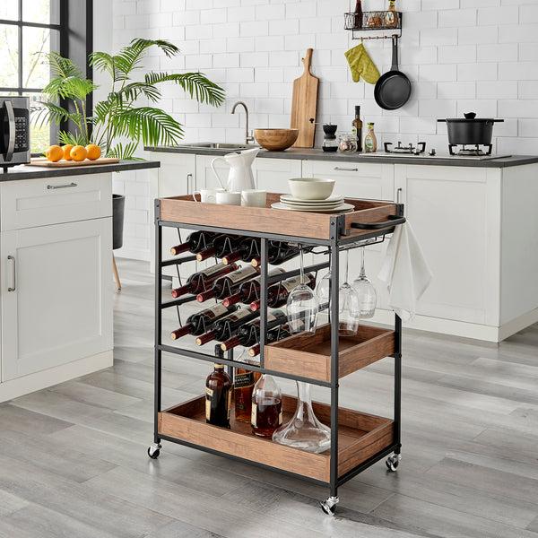 Danya B Rustic Walnut Veneer And Metal Rolling Farmhouse Wine Bar Cart With Wine Bottle And Glass Rack