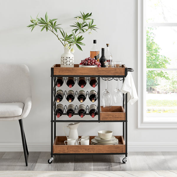 Danya B Rustic Walnut Veneer And Metal Rolling Farmhouse Wine Bar Cart With Wine Bottle And Glass Rack