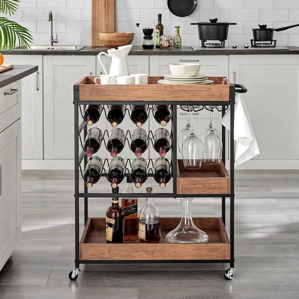 danya b Rustic Walnut Veneer and Metal Rolling Farmhouse Wine Bar Cart with Wine Bottle and Glass Rack