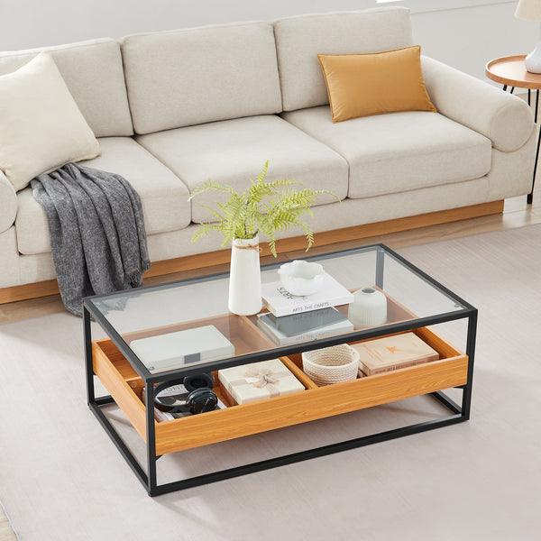 Danya B Saarinen Two-Level Modern Sunken Glass Display Shelf Rectangle Low Coffee Table