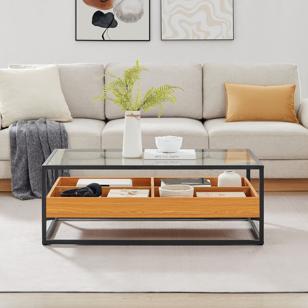 danya b Saarinen Two-Level Modern Sunken Glass Display Shelf Rectangle Low Coffee Table