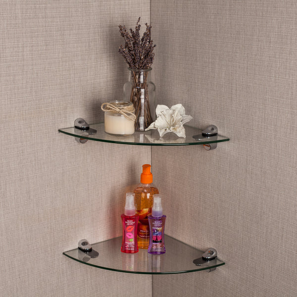 danya b Set of 2 Clear Glass Radial Floating Shelves with Chrome Brackets 10 x 10"