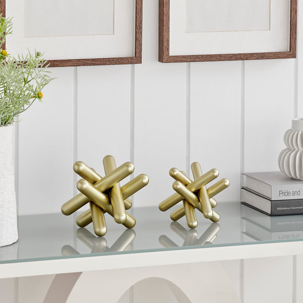 Danya B Small And Medium Abstract Gold Finish Textured Metal Geometric Sculptures - Set Of 2