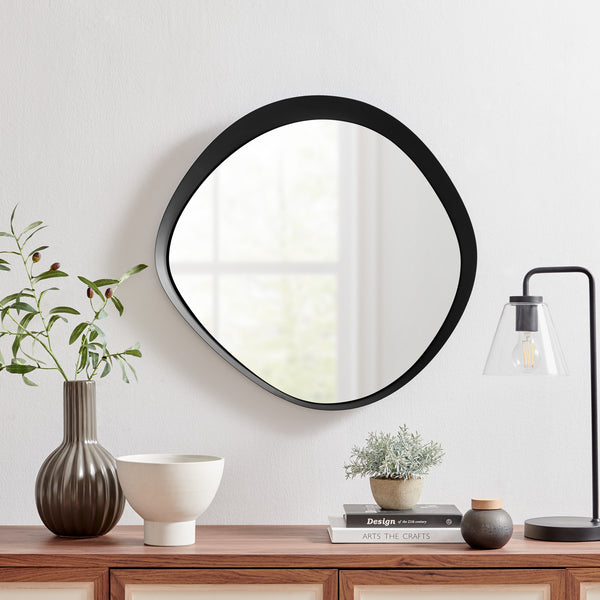 danya b Sonya 24-inch Contemporary Asymmetrical Round Wall Mirror with Raised Black Iron Frame