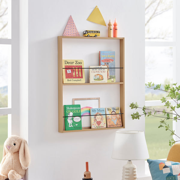 Danya B Steiner Beech Square Modern 2-Tier Kids Book Or Toy Figure Display Unit Wall Mounted Bookshelf With Contrasting Black Rods